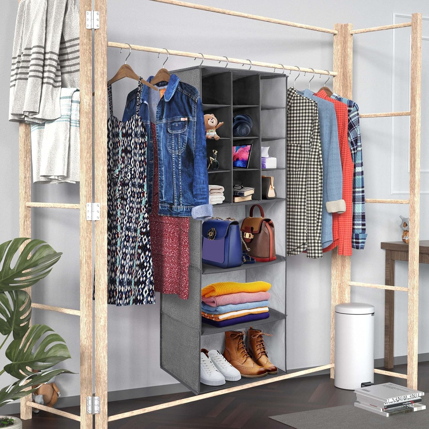 Libeder Shoe Organizer for Closet, 15 Shelf Hanging Closet Storage Shelves - 10 Shoe Rack Organizer and 5 Compartment for Clothes with 6 Side Mesh Pockets for Scarves Socks,Gloves, Grey