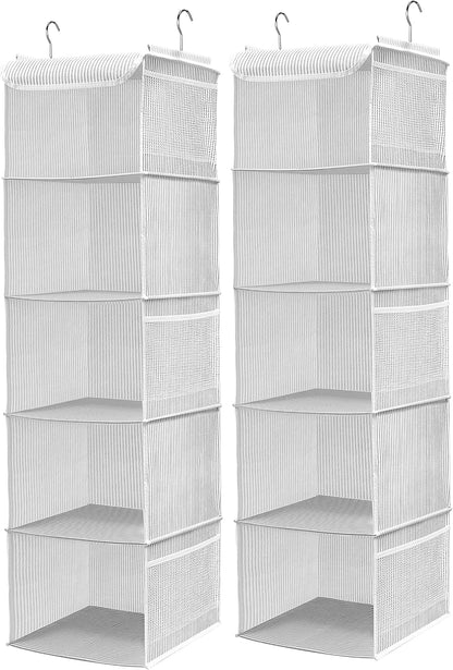 BrilliantJo 2 Pack Hanging Closet Organizer, 5 Shelves Hanging Storage with 6 Side Pockets for Clothes Shoes, 43"x12"x12"(Black)