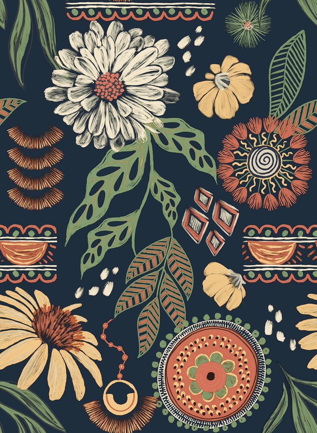 Simon&Siff Boho Peel and Stick Wallpaper, 17.3" x 80" Sun Floral Retro Contact Paper Removable Self Adhesive Wall Paper for Cabinets Furniture Bedroom Nursery Bathroom Renter Friendly DIY Decor