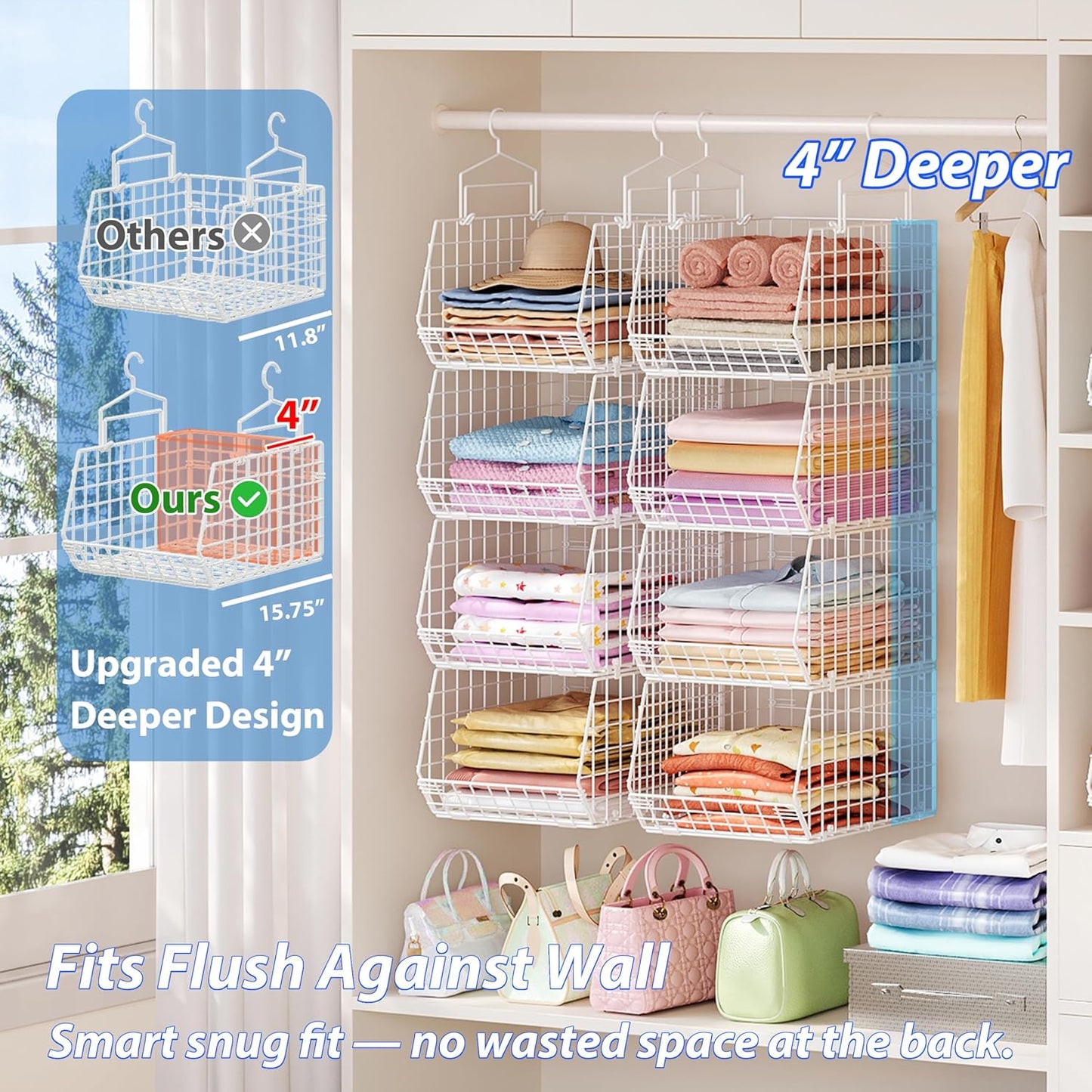 8-Tier Extended Depth Hanging Closet Organizers and Storage for Closet System, Stackable Closet Shelves with 4 Adjustable Dividers for Clothes Sweaters Purses, Wire Hanging Basket Fits Closet Laundry