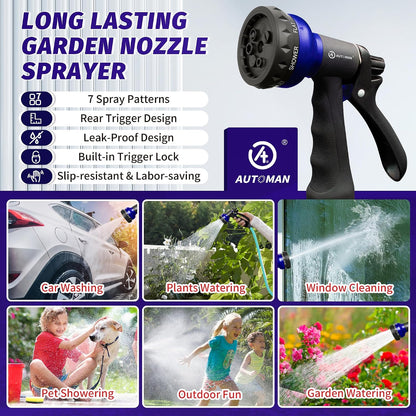 AUTOMAN Garden Hose Nozzle - 2 Pack, 100% Metal High Pressure Spray Nozzle, Labor-Saving Design, Heavy Duty for Garden Watering, Car Washing, Window Cleaning, Pets Bathing
