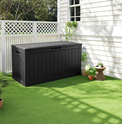 KAMABOKO 31 Gallon Outdoor Storage Box, Resin Deck Boxes Indoor and outdoor, Waterproof Storage Box Lockable Lid for Garden Tools, Package Delivery, Pool Supplies, Patio Cushions, Black