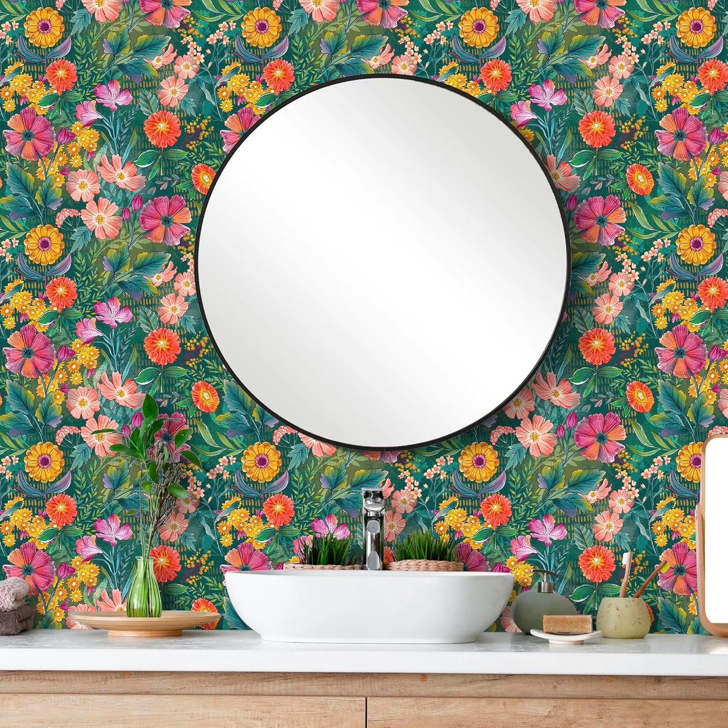 HAOKHOME Peel and Stick Wallpaper Floral Renter Friendly Wall Paper Green/Purple/Pink for Bathroom Kitchen Contact Paper 17.3in x 9.8ft