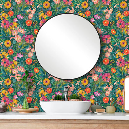 HAOKHOME Peel and Stick Wallpaper Floral Renter Friendly Wall Paper Green/Purple/Pink for Bathroom Kitchen Contact Paper 17.3in x 9.8ft