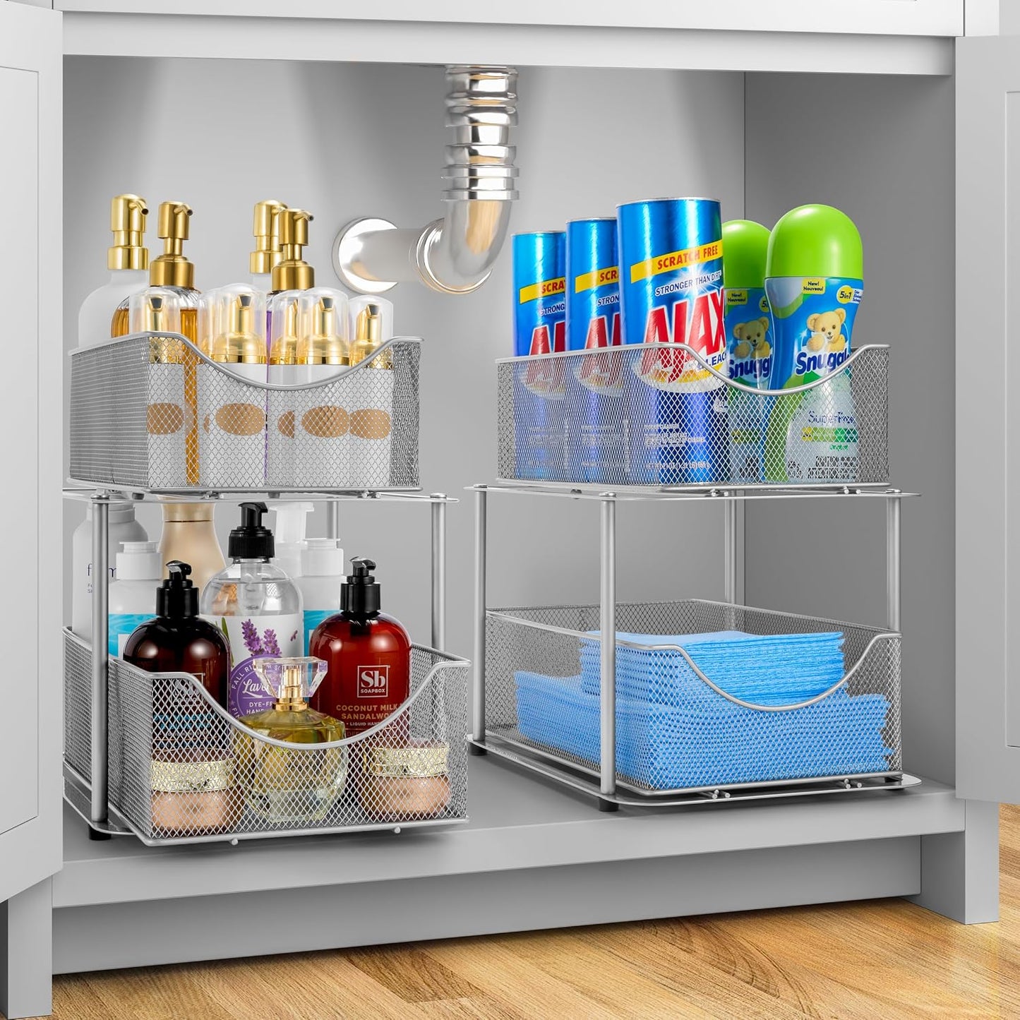 Sorbus 2 Tier Metal Under Sink Organizer for Bathroom, Kitchen, Strong Steel Mesh Sliding Drawers for Under Sink, Under Cabinet, Closet, Kitchen, Pantry, Bathroom Organizers and Storage (Black)