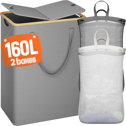 175L Laundry Hamper with Lid 3 Section, Extra Large Laundry Basket with 3 Removable Bags, 46 GAL Laundry Basket Organizer for Bedroom, Laundry Room, Dorm, Grey