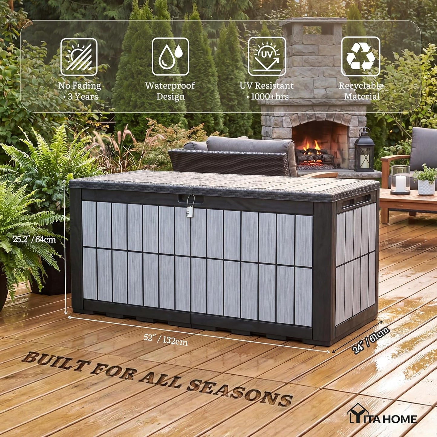 YITAHOME 134 Gallon Large Deck Box | Waterproof Resin Outdoor Storage Box with Lock, Doubles as 2-Person Bench Seating for Patio Furniture Cushions,Garden Tools &