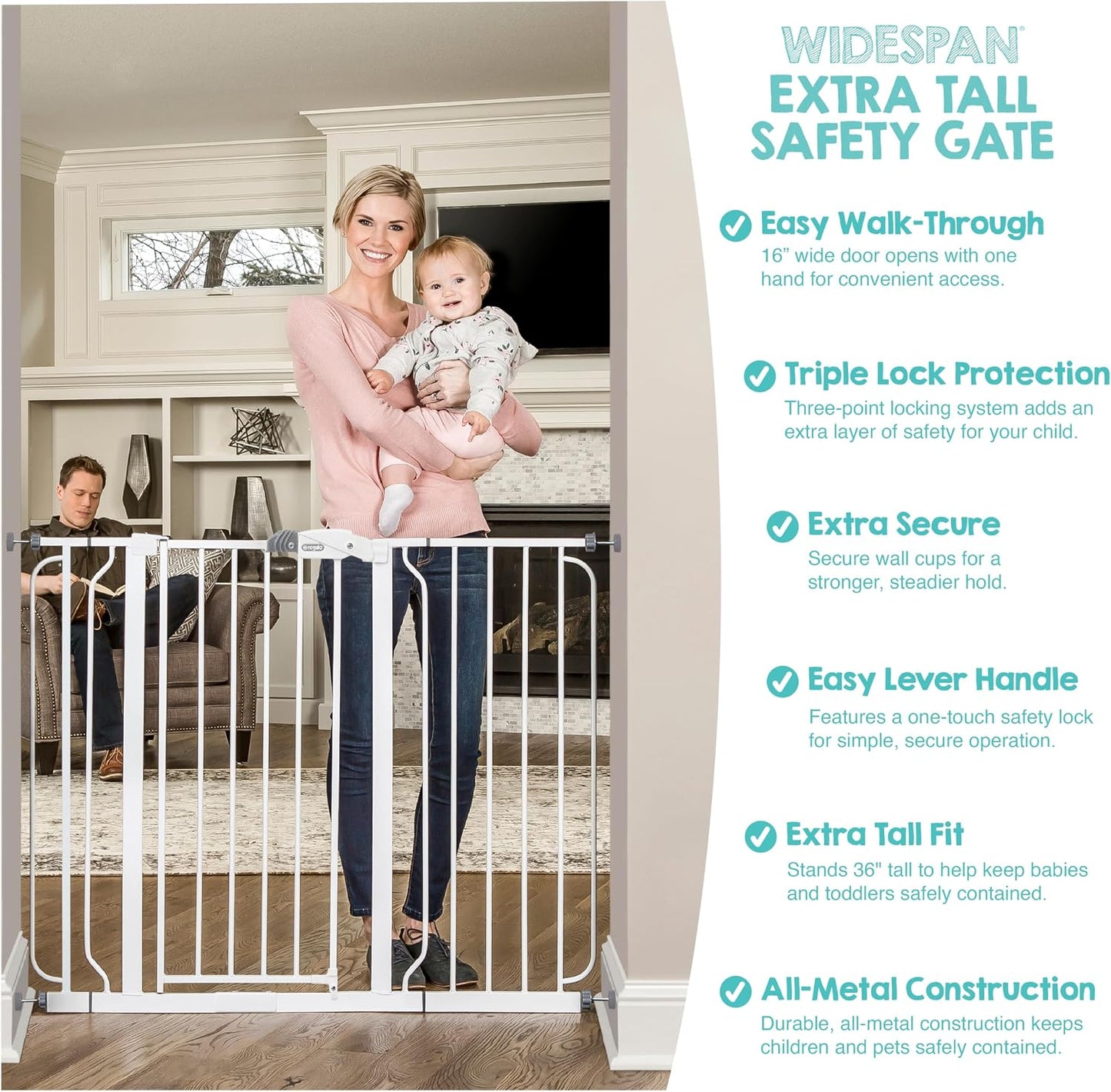 Regalo Safety 29-38.5" Baby Gate for Doorways & Bottom of Stairs, Pressure Mounted Baby Gate with Door for Babies, Toddlers & Pets, Tested & Safe for 30 Years, American Designed, American Owned, White