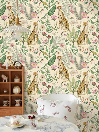 Floralplus Peel and Stick Wallpaper Leopard Jungle Removable Wallpaper for Bathroom Renter Friendly Wallpapers Self Adhesive Animal Floral Contact Paper for Accent Wall 17.5 x 118 in