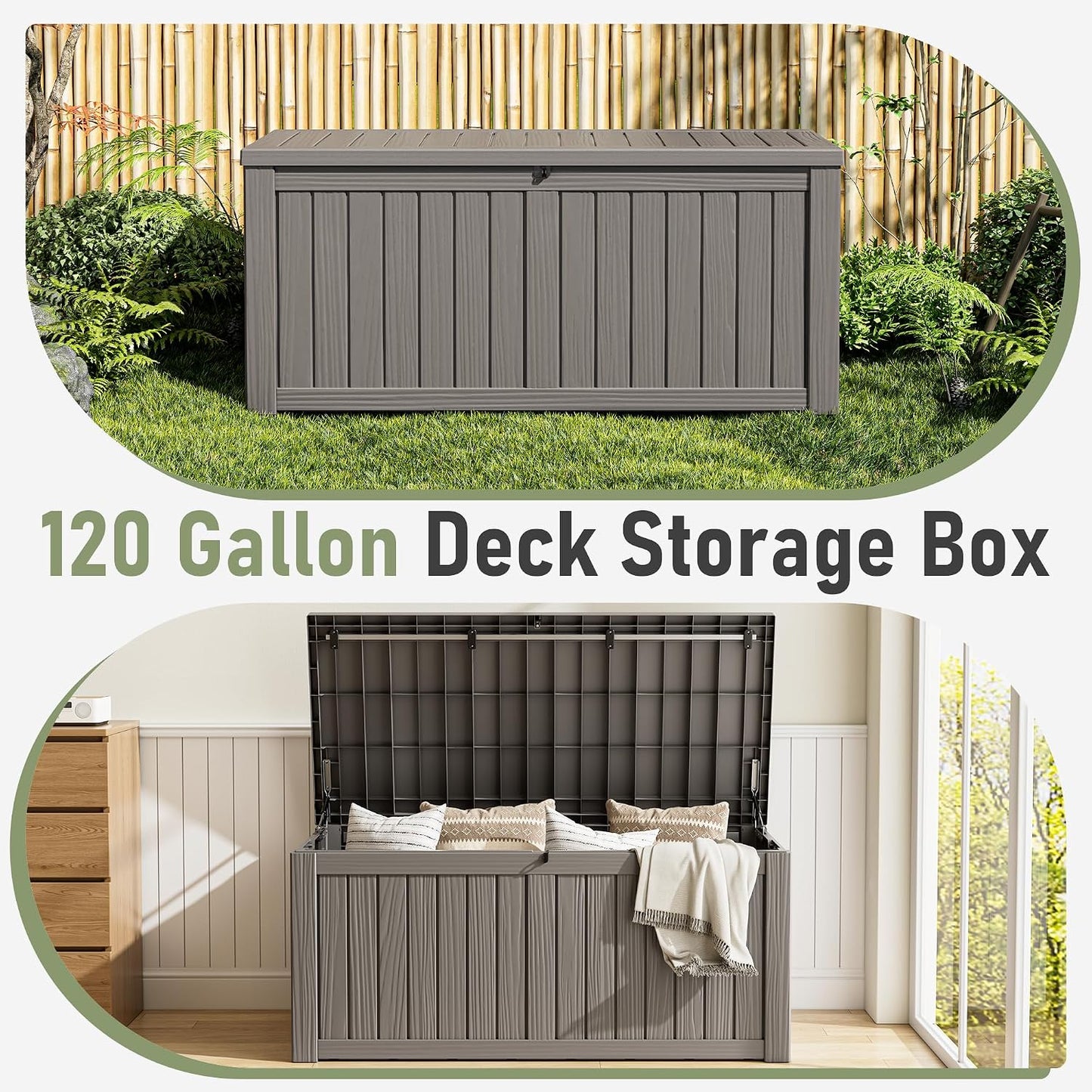 NUNU LAB Outdoor Storage Box, 45 Gallon Outside Deck Box Waterproof, Resin Outdoor Storage Cabinet With Lockable Lid, Backyard Storage Bench For Garden Tools, Patio Cushions, Pool Tools, Black