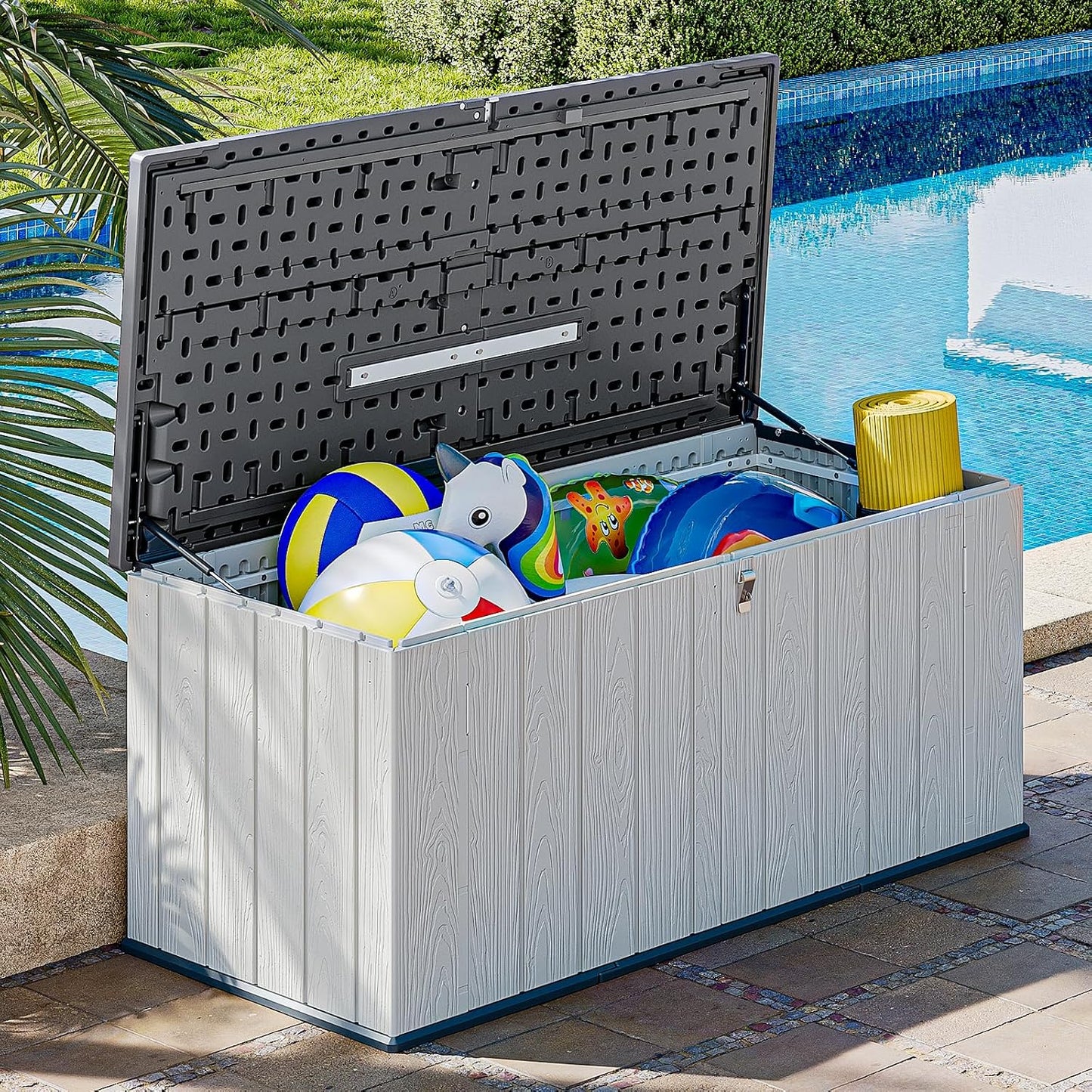 AOXUN Horizontal Storage Sheds 21 Cu.ft, HDPE Outdoor Storage Box 160 Gallon, Waterproof Lockable Resin Deck Box with Spring-Assisted Lid, Patio Storage for Garden, Pool, Cushions, Tools, White