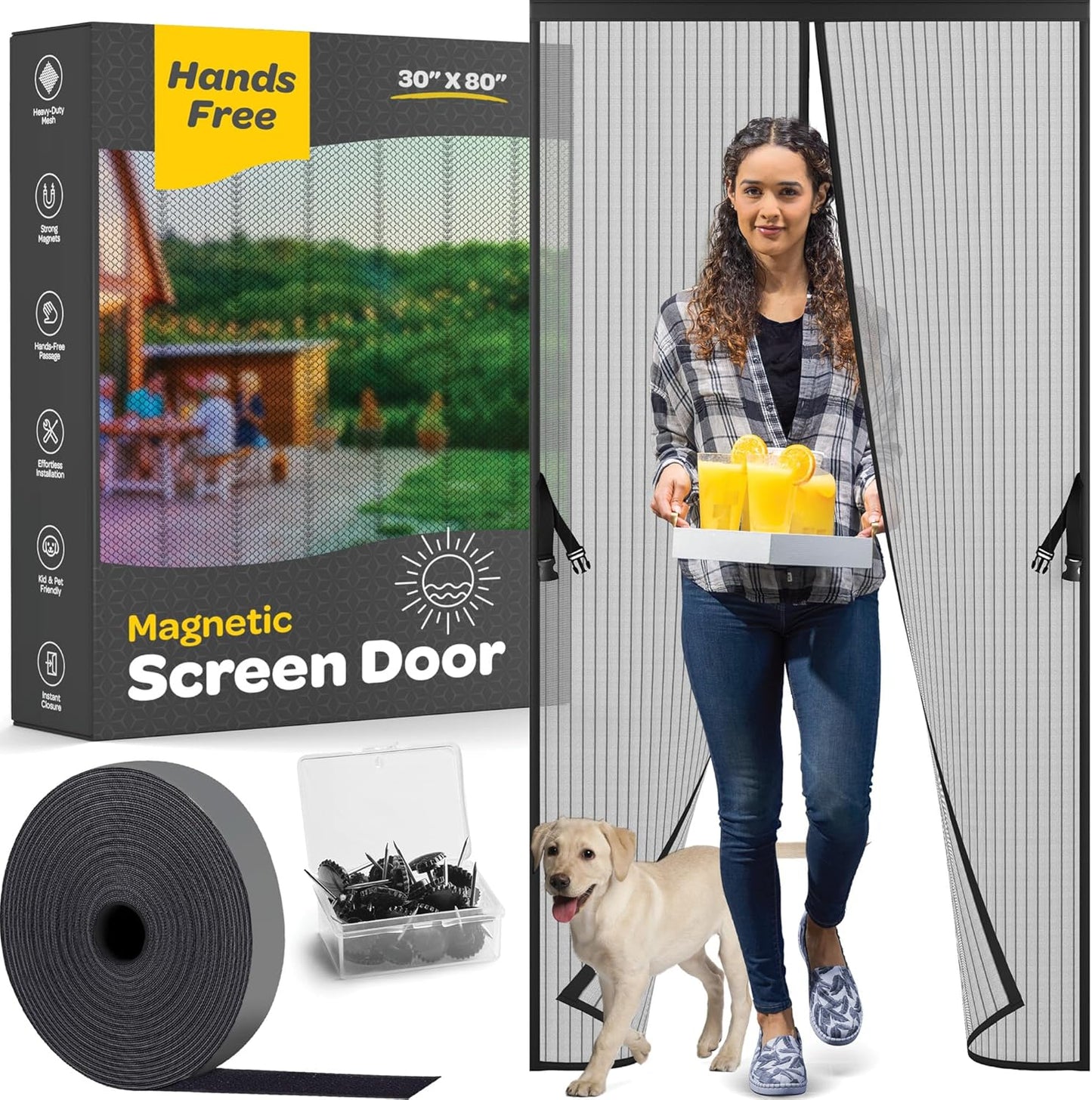 Magnetic Screen Door, Hands-Free Kid/Pet-Friendly Walk Through - Self Magnetic Closure Screen Door Mesh, Stay-Open Option with Buckles - Keeps Bugs Out Lets Breeze in, Fits Door Size (39.4" x 82.7")
