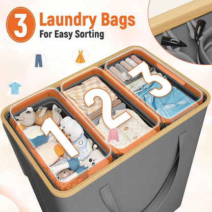 175L Laundry Hamper with Lid 3 Section, Extra Large Laundry Basket with 3 Removable Bags, 46 GAL Laundry Basket Organizer for Bedroom, Laundry Room, Dorm, Grey