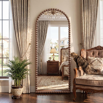 Antok 58" x 21" Arched Full Length Mirror, Antique Beaded Frame Floor Standing or Wall Mounted Mirror with Stand for Bedroom, Entryway, Brown, Luxury Style