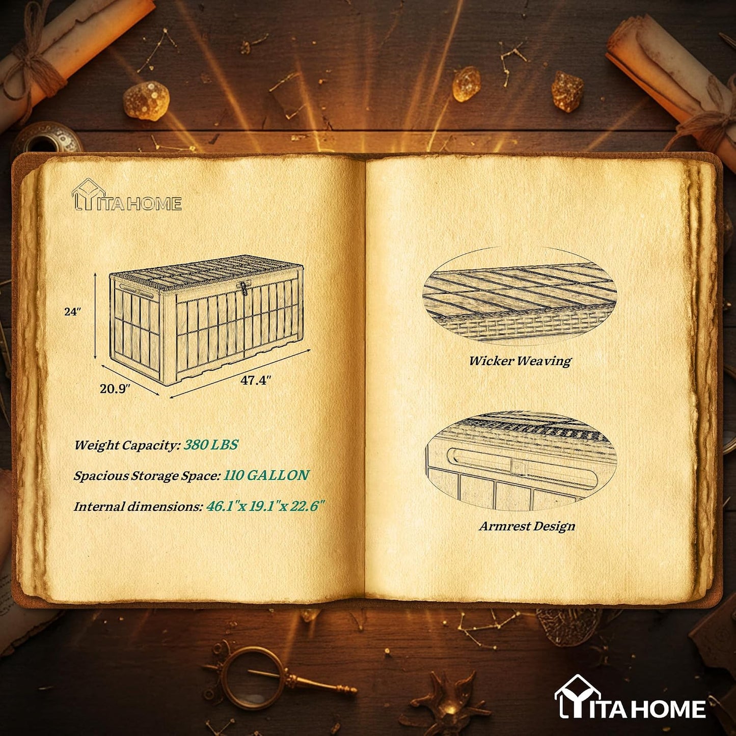 YITAHOME 134 Gallon Large Deck Box | Waterproof Resin Outdoor Storage Box with Lock, Doubles as 2-Person Bench Seating for Patio Furniture Cushions,Garden Tools &