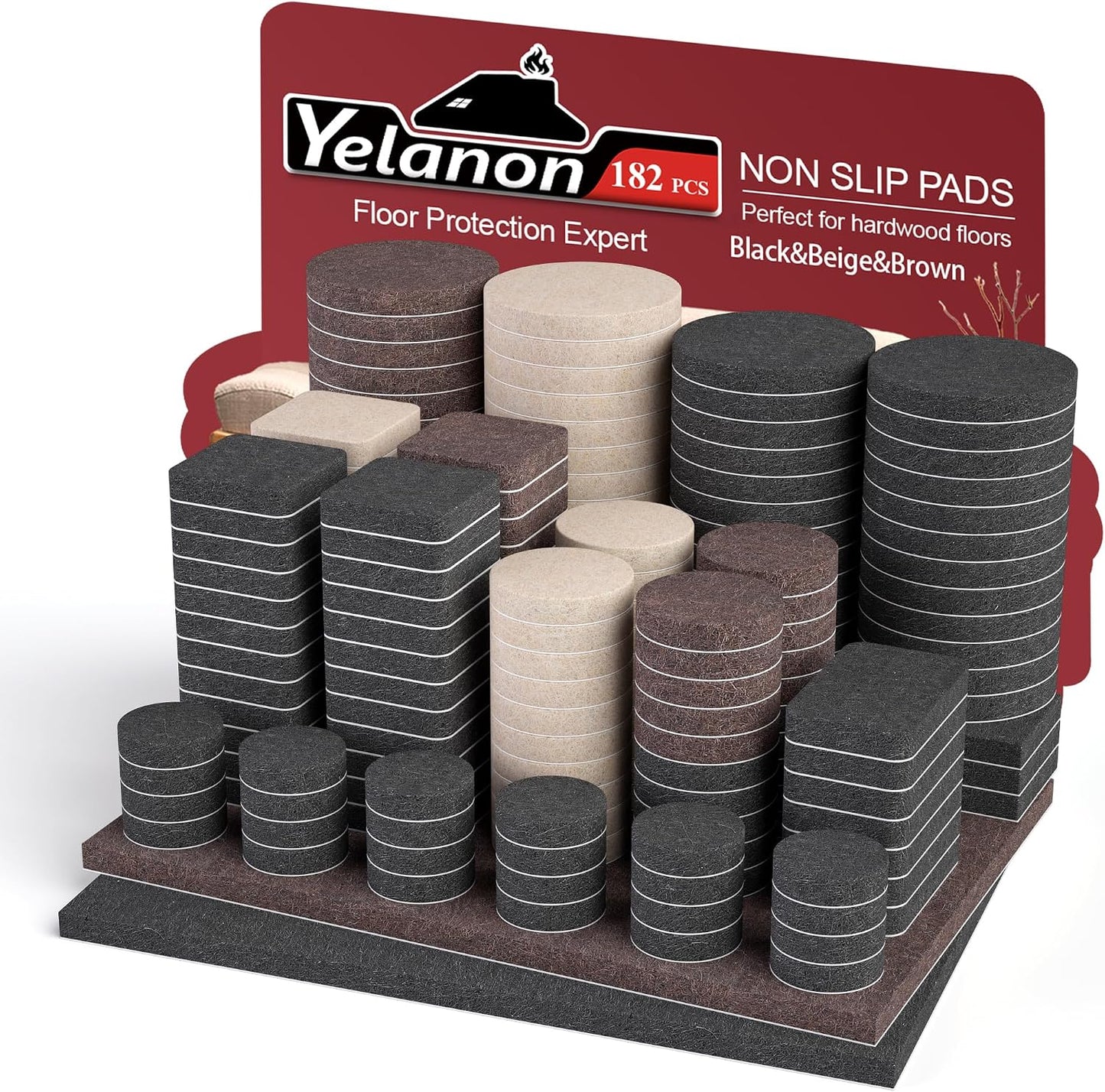 Yelanon Felt Furniture Pads -182 Pcs Premium Felt Pads for Chair Legs Furniture, Floor Protectors for Hardwood Floors, Black