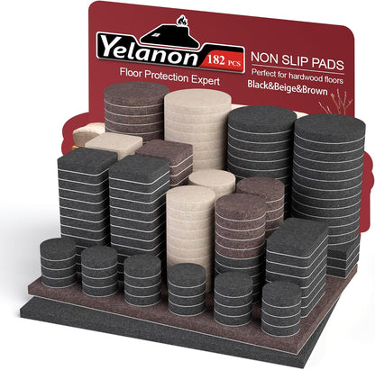 Yelanon Felt Furniture Pads -182 Pcs Premium Felt Pads for Chair Legs Furniture, Floor Protectors for Hardwood Floors, Black