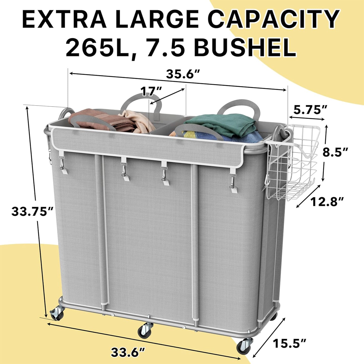 Simple Houseware Extra Large 2 Section Rolling Laundry Cart 265L (70 Gal) – Heavy Duty Hamper with 2 Removable Bags & 6 Smooth Wheels – Commercial Laundry Organizer for Home, Hotel, Dorm, Gym, Gray