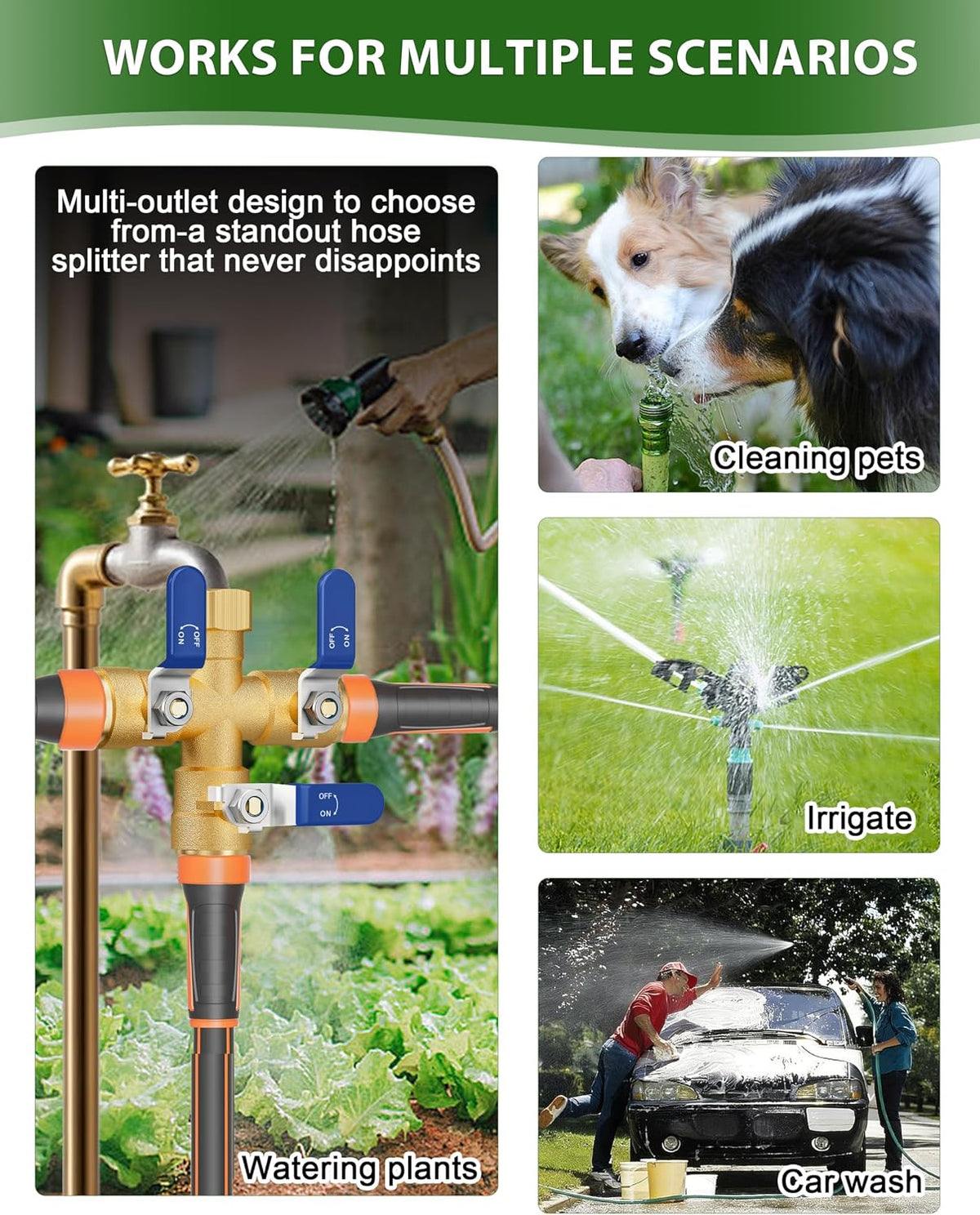 Garden Hose Splitter, 3 Way Heavy Duty Brass hose splitter, Water Hose Bib Spigot Splitter with 0.59" Full Flow Ball Valve Outlet & Shut-Off Valve 3/4'' Connector Outdoor Water Faucet Adapter