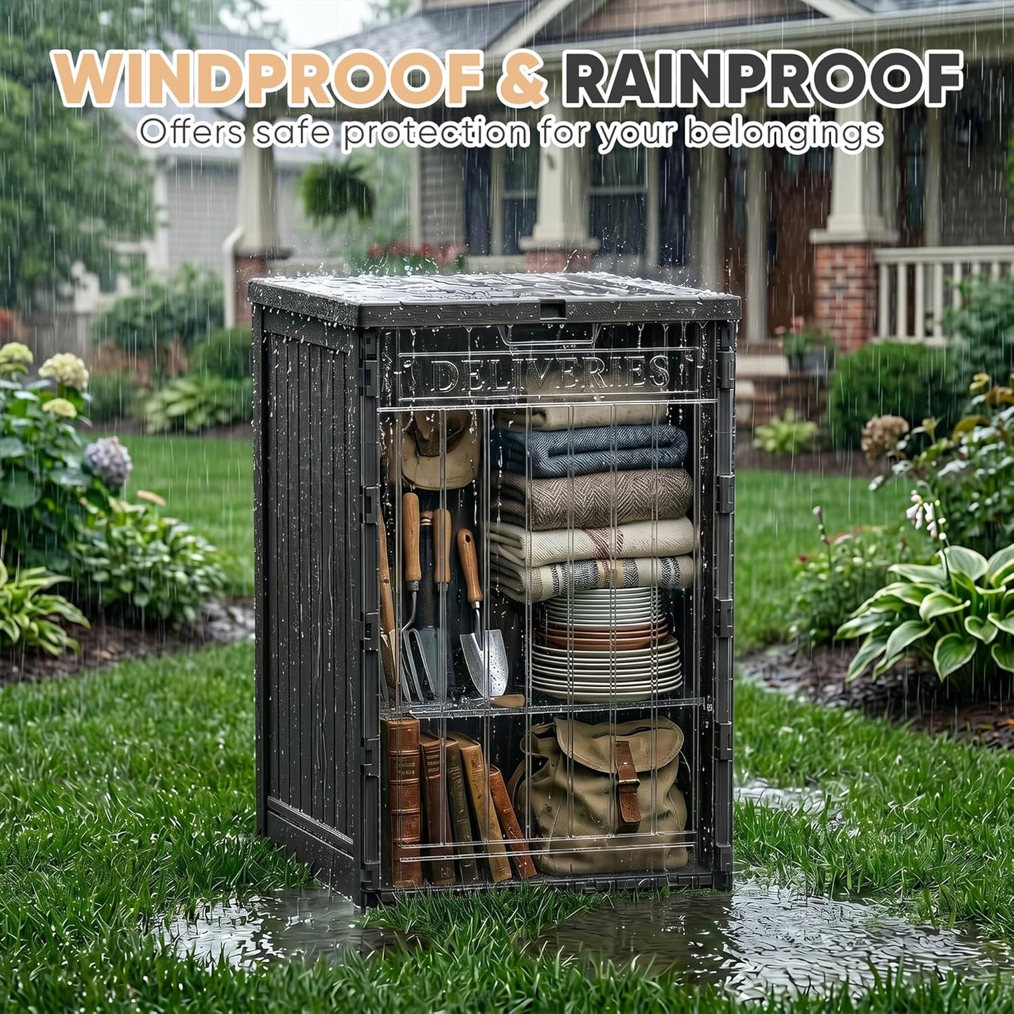 EasyUp 33 Gallon Resin Deck Box Waterproof, UV Resistant Outdoor Storage Box for Delivery, Porch, Patio and Garden, Stripe Black