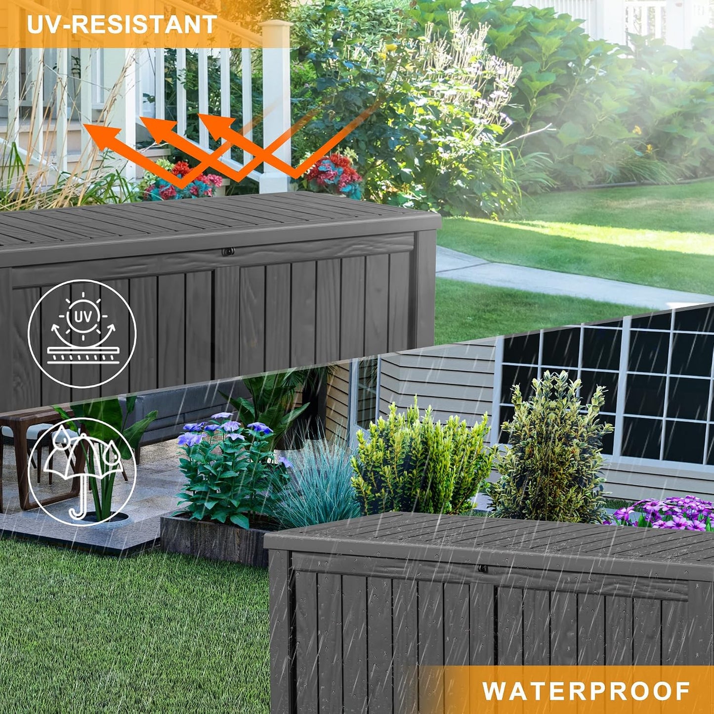 60 Gallon Outdoor Waterproof Storage Box, UV Resistant Resin Deck Box with Built-in Handle, Outdoor Storage Container for Patio Furniture, Garden Tools, Patio Cushions, Black