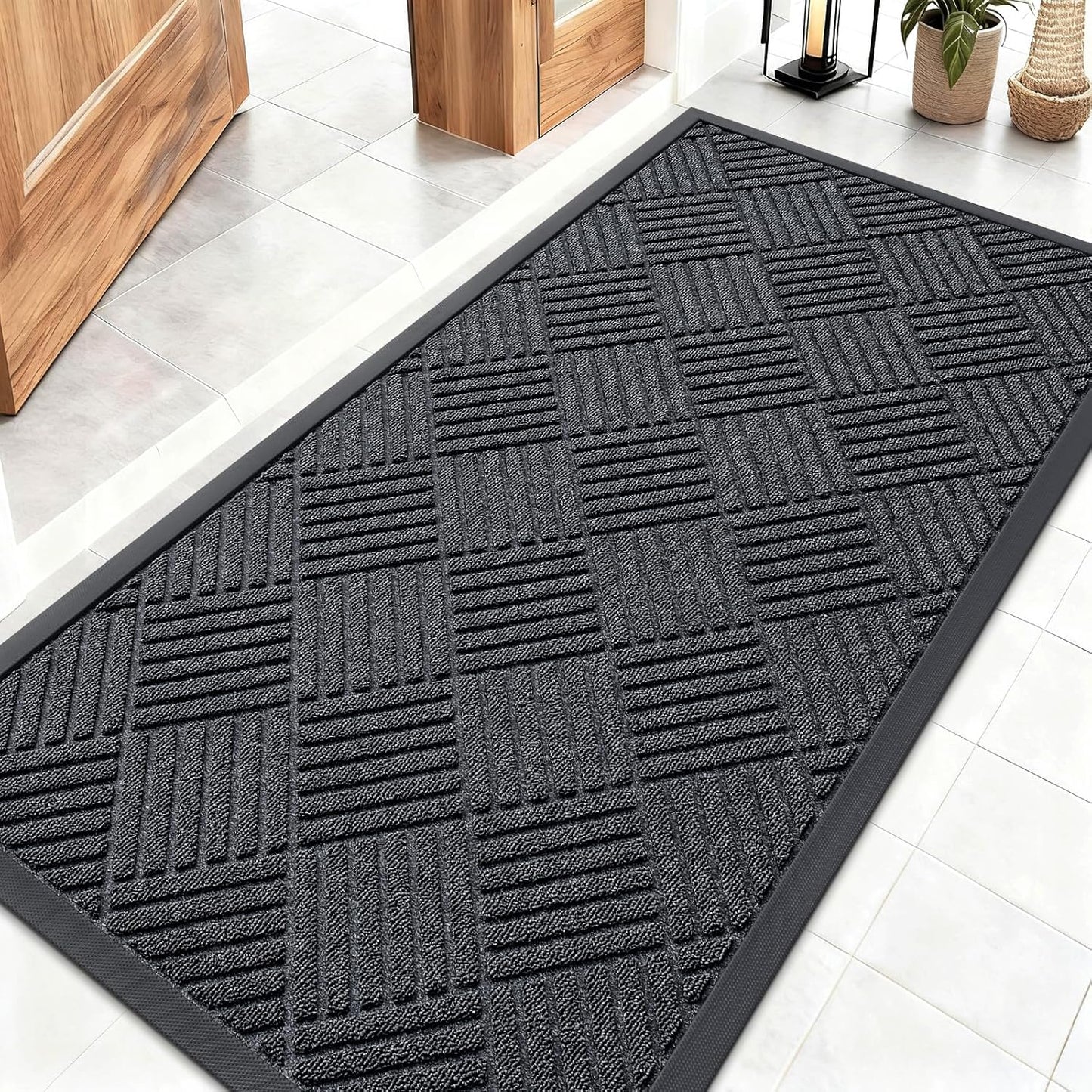 OLANLY Front Door Mat Outside Entrance 29.5x17, Absorbent, Heavy Duty Sturdy Natural Rubber Doormat Indoor Outdoor, Stain and Fade Resistant, Non-Slip Low Profile Floor Mat for Entryway, Grey Diamond