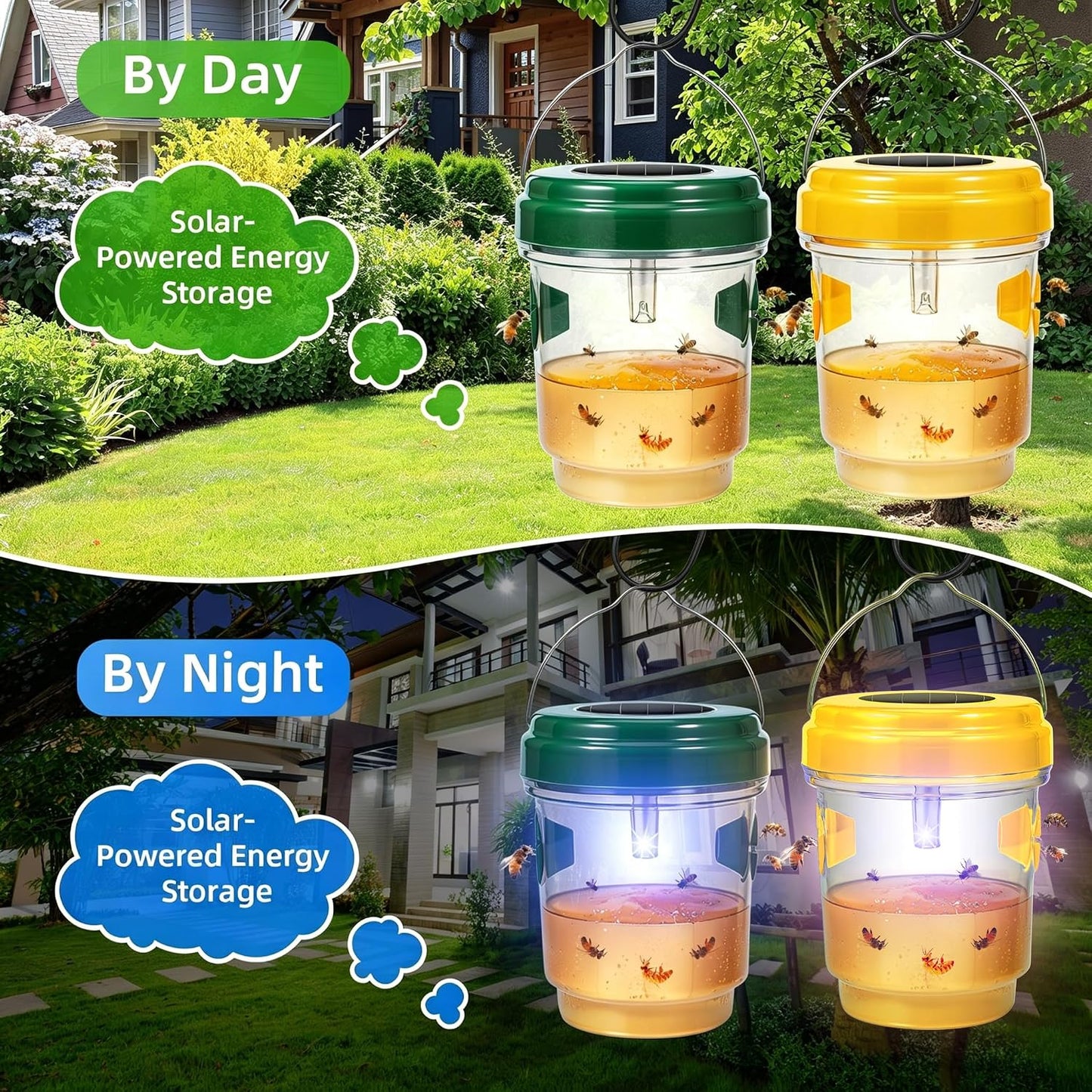 4 Pack Solar Wasp Traps Outdoor Hanging with LED Light, Bee Catcher Reusable Yellow Jacket Trap for Outdoors, Carpenter Bee Protection for Patio, Backyard, Garden