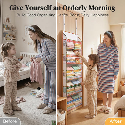 5 Tiers Ultra-thin Over Door Organizer with 10 Mesh Side Pockets, 44 lbs Weight Capacity Hanging Storage Organizer with Clear Window Kids Toys, Shoes, Diapers, White & Grey