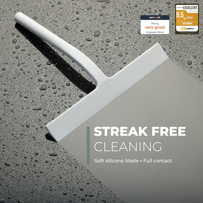 GÜTEWERK Silicone Shower Squeegee for Glass Doors & Mirrors with Stainless Steel Core, Streak-Free & No-Squeak Window Cleaning, 3-in-1 No-Drill Mount (Hook/Suction/Adhesive),White, 9 Inches