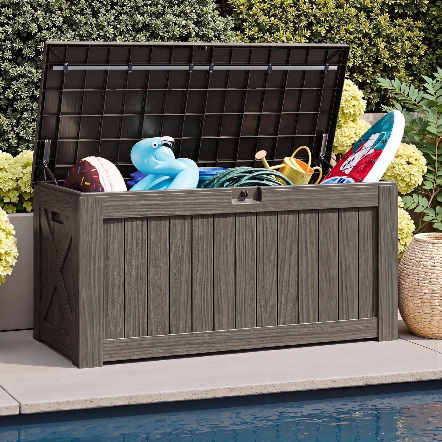 JUMMICO 31 Gallon Resin Deck Box Waterproof Indoor Outdoor Storage Boxes for Patio Furniture Cushions and Garden Tools (Brown)