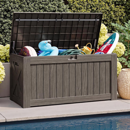 JUMMICO 31 Gallon Resin Deck Box Waterproof Indoor Outdoor Storage Boxes for Patio Furniture Cushions and Garden Tools (Brown)