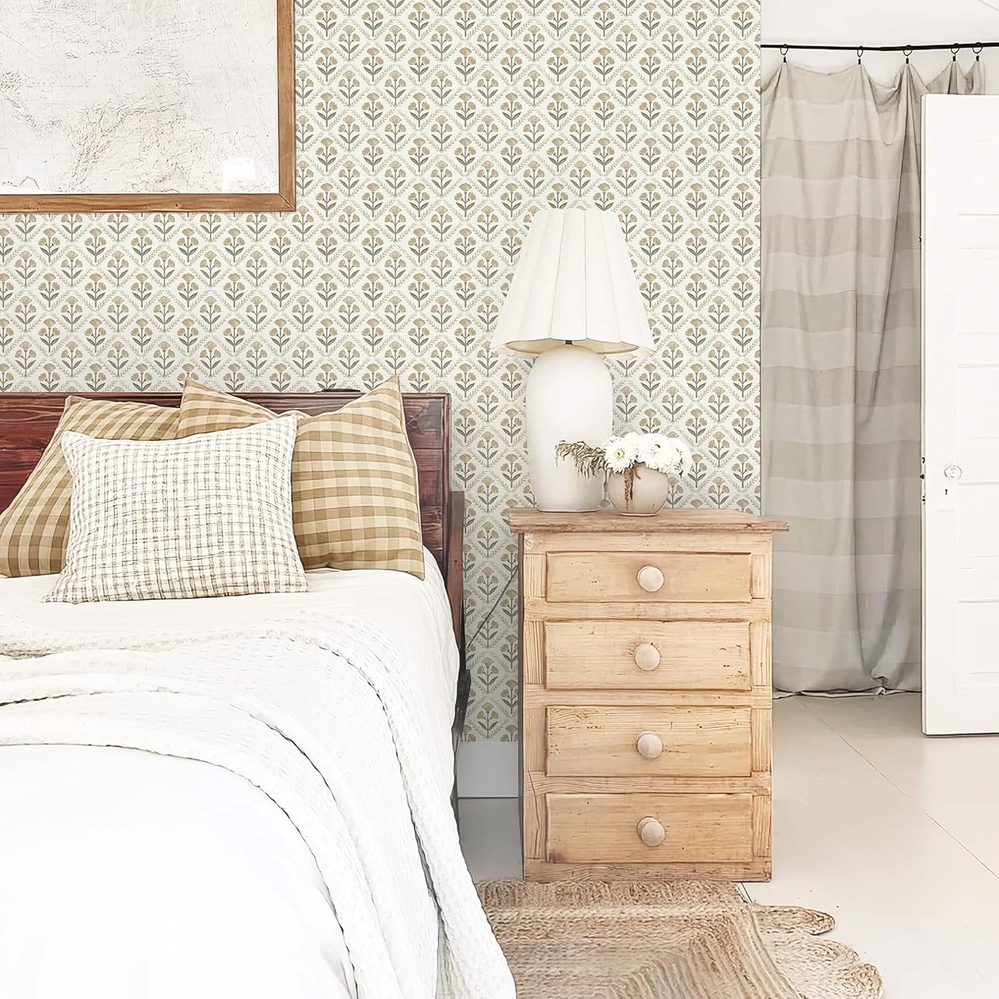 Dimoon 17.3''x78.7'' Peel and Stick Wallpaper Floral Cute Contact Paper Vintage Village Country Cottage Wallpaper Farmhouse Yellow Beige Renter Friendly Geometry Waterproof Embossed Kitchen Bedroom