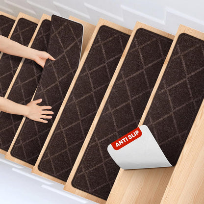 MBIGM 8" X 30" (15 in Pack) Non-Slip Carpet Stair Treads Non-Skid Safety Rug Slip Resistant Indoor Runner for Kids Elders & Pets with Reusable Adhesive - Dark Gray Diamond Weave