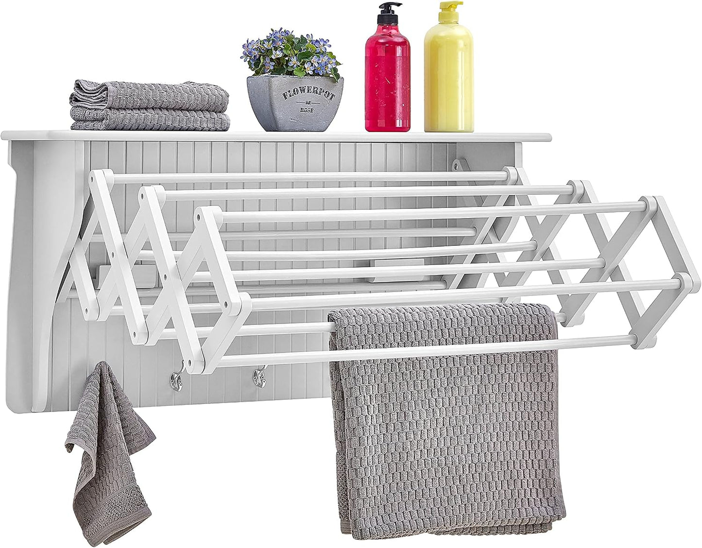Danya B Accordion Clothes Drying Rack, Retractable, Wall Mounted Towel Rack and Hooks for Clothes and Towels for use in Laundry Room or Garage - White