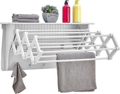 Danya B Accordion Clothes Drying Rack, Retractable, Wall Mounted Towel Rack and Hooks for Clothes and Towels for use in Laundry Room or Garage - White