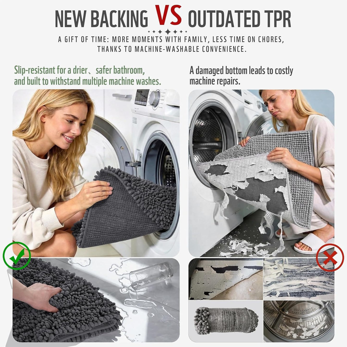 Yimobra Bathroom Rugs Non Slip Washable - Ultra Soft Absorbent Chenille Bath Mat, Quick Dry Shaggy Floor Carpet for Tub Shower, Gray Home Decor Accessories, 24x17 Inch