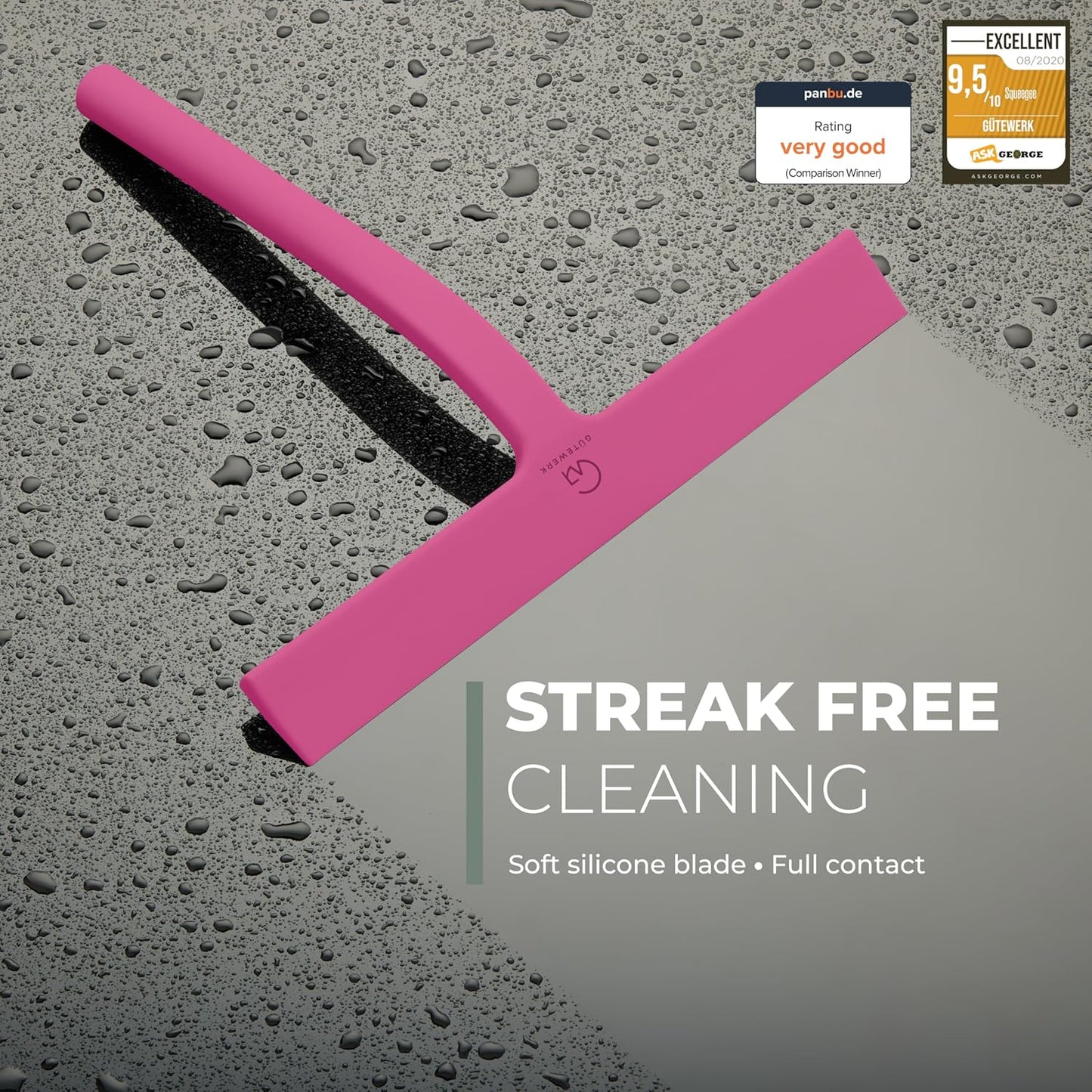 GÜTEWERK Silicone Shower Squeegee for Glass Doors & Mirrors with Stainless Steel Core, Streak-Free & No-Squeak Window Cleaning, 3-in-1 No-Drill Mount (Hook/Suction/Adhesive),White, 9 Inches