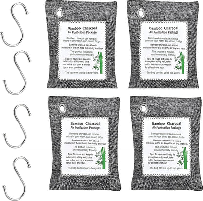 Bamboo Charcoal Air Purifying Bags (4-Pack, 200g Each) – Natural Odor Eliminator & Moisture Absorber for Home, Car, Closets, Bathrooms – Eco-Friendly, Reusable Deodorizer