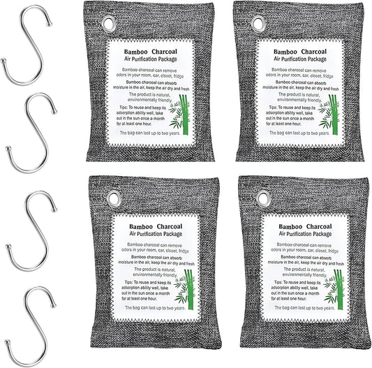 Bamboo Charcoal Air Purifying Bags (4-Pack, 200g Each) – Natural Odor Eliminator & Moisture Absorber for Home, Car, Closets, Bathrooms – Eco-Friendly, Reusable Deodorizer