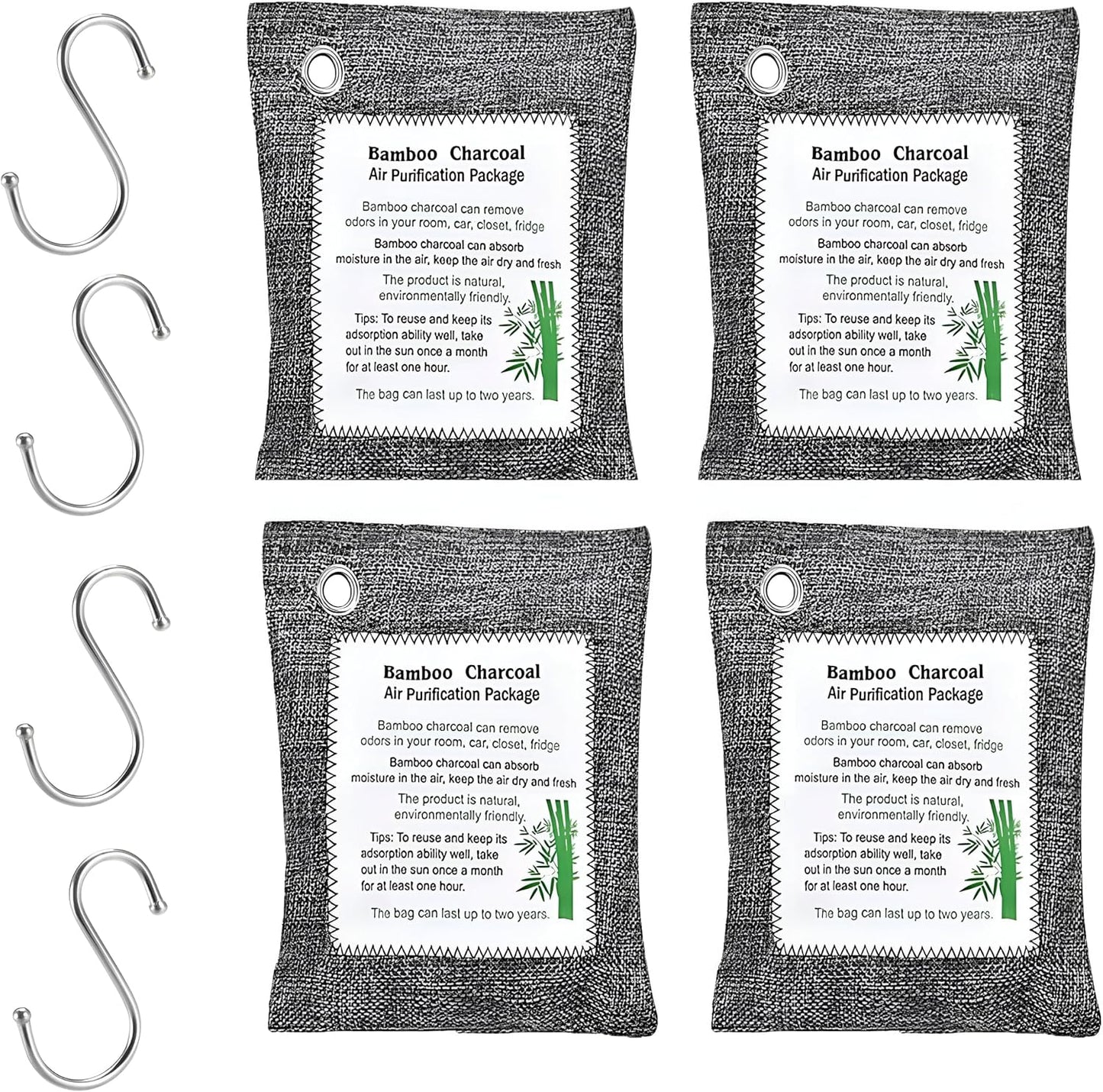Bamboo Charcoal Air Purifying Bags (4-Pack, 200g Each) – Natural Odor Eliminator & Moisture Absorber for Home, Car, Closets, Bathrooms – Eco-Friendly, Reusable Deodorizer