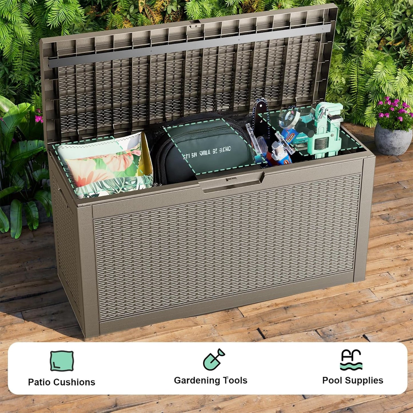 320 Gallon Waterproof Outdoor Storage Box, UV Resistant Resin Deck Box with Hydraulic Rod for Reinforced Stability, Perfect for Patio, Garden, and Pool（Black，320 Gallon）