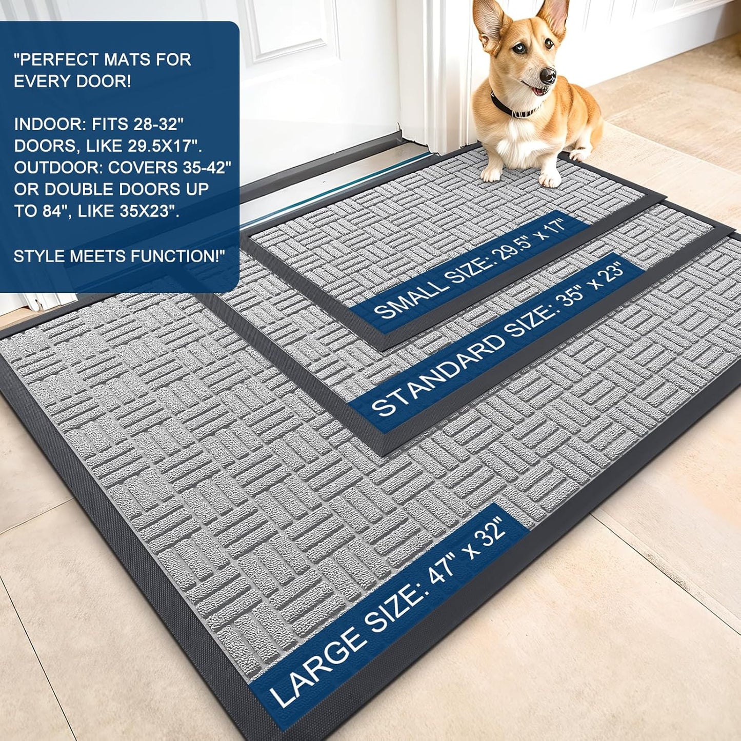 OLANLY Front Door Mat Outside Entrance 29.5x17, Absorbent, Heavy Duty Sturdy Natural Rubber Doormat Indoor Outdoor, Stain and Fade Resistant, Non-Slip Backing Low Profile Floor Mat for Entryway, Grey