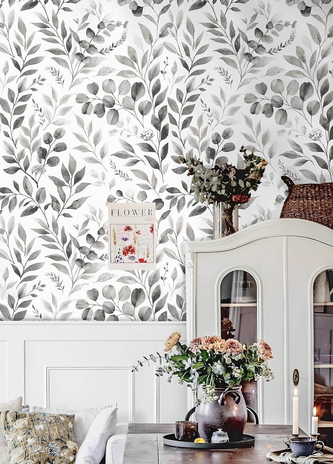Floralplus Peel and Stick Wallpaper Boho Leaf Removable Wallpaper for Bathroom Renter Leaf Contact Paper for Locker Shelf Liner Vinyl Adhesive Wallpapers Wall Mural Decor 17.5 in x 118 in