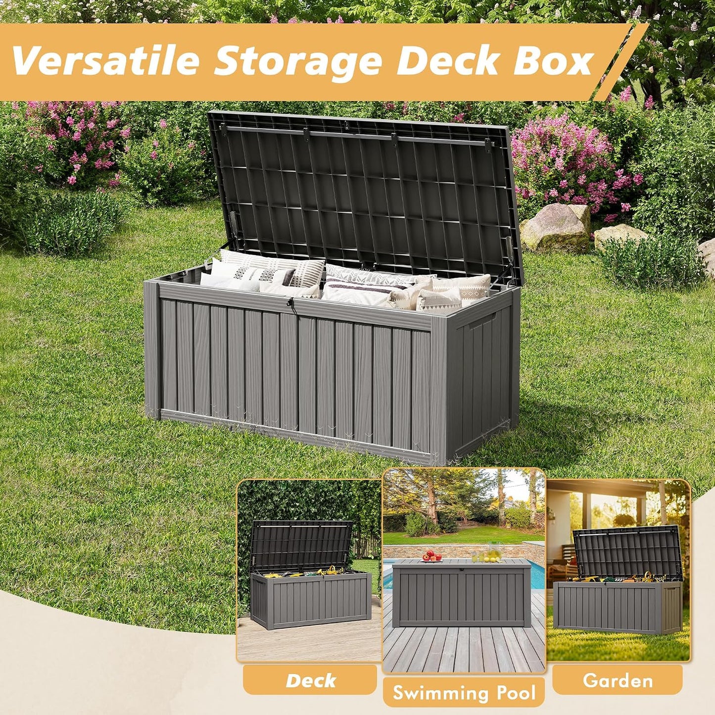 Fancyango 75 Gallon Outdoor Deck Box Waterproof, Large Storage Box for Patio, Resin Storage Bench Lockable for Garden Tools, Package Delivery, Black