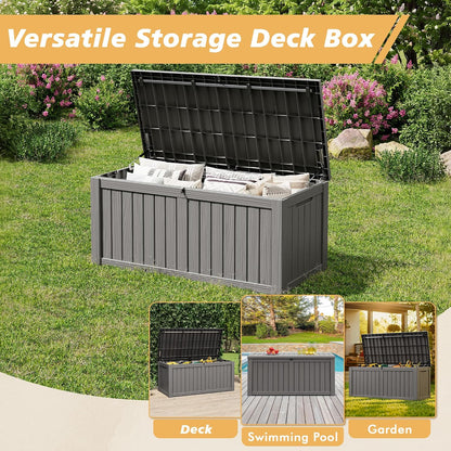 Fancyango 75 Gallon Outdoor Deck Box Waterproof, Large Storage Box for Patio, Resin Storage Bench Lockable for Garden Tools, Package Delivery, Black