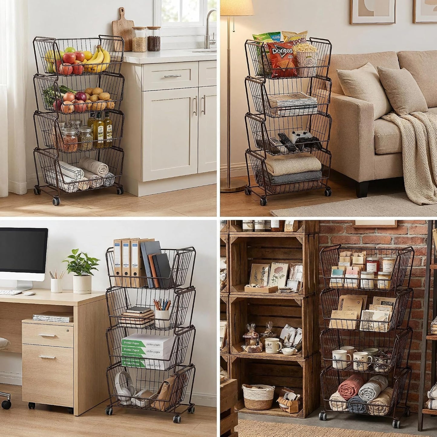 PUSDON 6-Tier Tall Stackable Wire Storage Baskets with Wheels, Vertical Metal Rolling Utility Cart, High Capacity Produce Basket for Kitchen Pantry, Snack Organizer, Matte Black