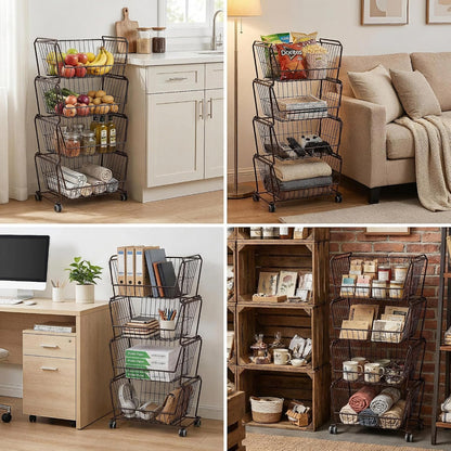 PUSDON 6-Tier Tall Stackable Wire Storage Baskets with Wheels, Vertical Metal Rolling Utility Cart, High Capacity Produce Basket for Kitchen Pantry, Snack Organizer, Matte Black