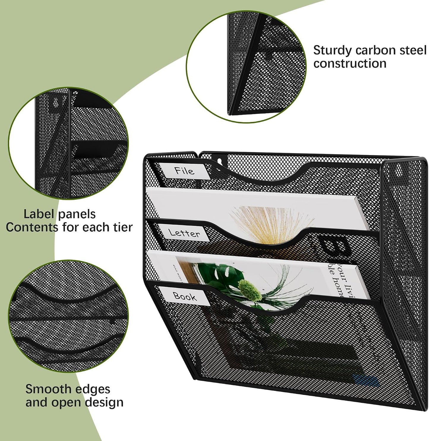 EasyPAG 5 Pocket Mesh Wall File Organizer with Key Hooks, Hanging Paper Folder Holder with Classify Label, Vertical Wall Mount Mail Organizer for Office Home Classroom, Black