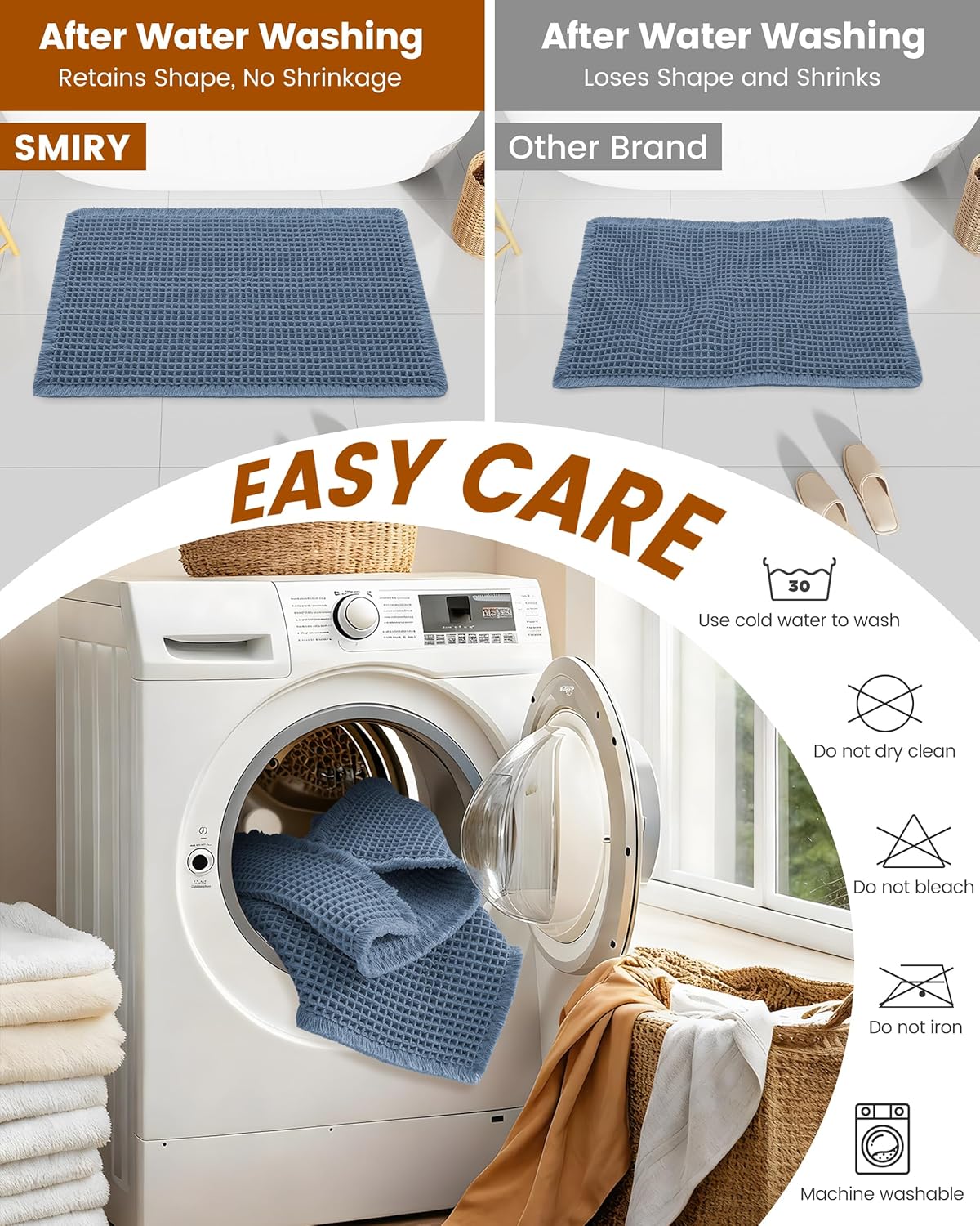 Smiry Waffle Bath Mat 30x20, Extra Soft Absorbent Bathroom Rugs, Non Slip Machine Washable Quick Dry Bath Rugs for Bathroom Floor, Tub, Shower, Home Decor Accessories, Brown