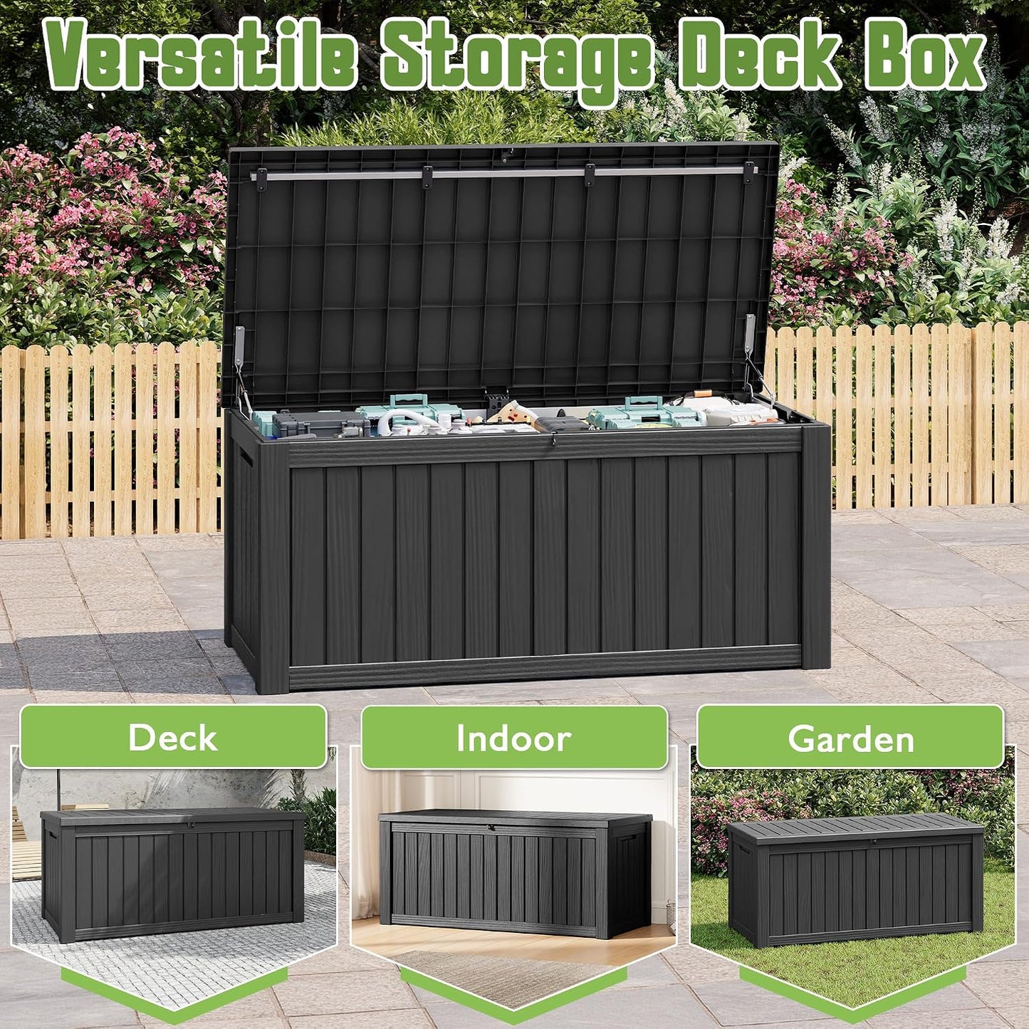 Outdoor Storage Box, 45 Gallon Deck Box with Lockable Lid, Waterproof Resin Storage Bin for Cushions, Garden Tools, Patio Furniture, Grey